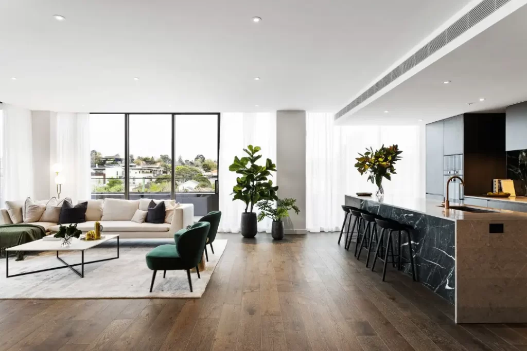 Modern apartment interior with fire protection systems and detection installed.